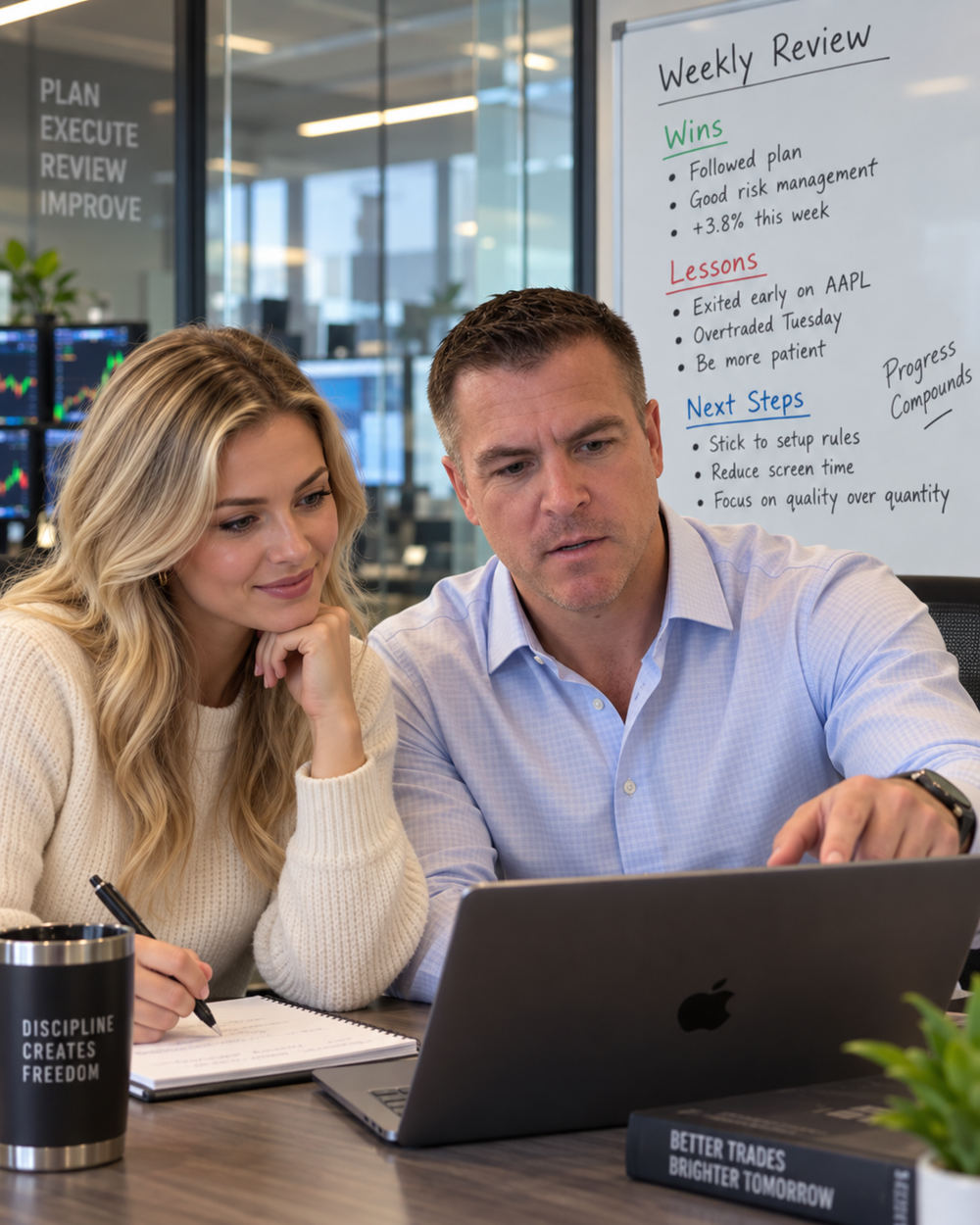 Instructor and student reviewing a trading plan on a laptop