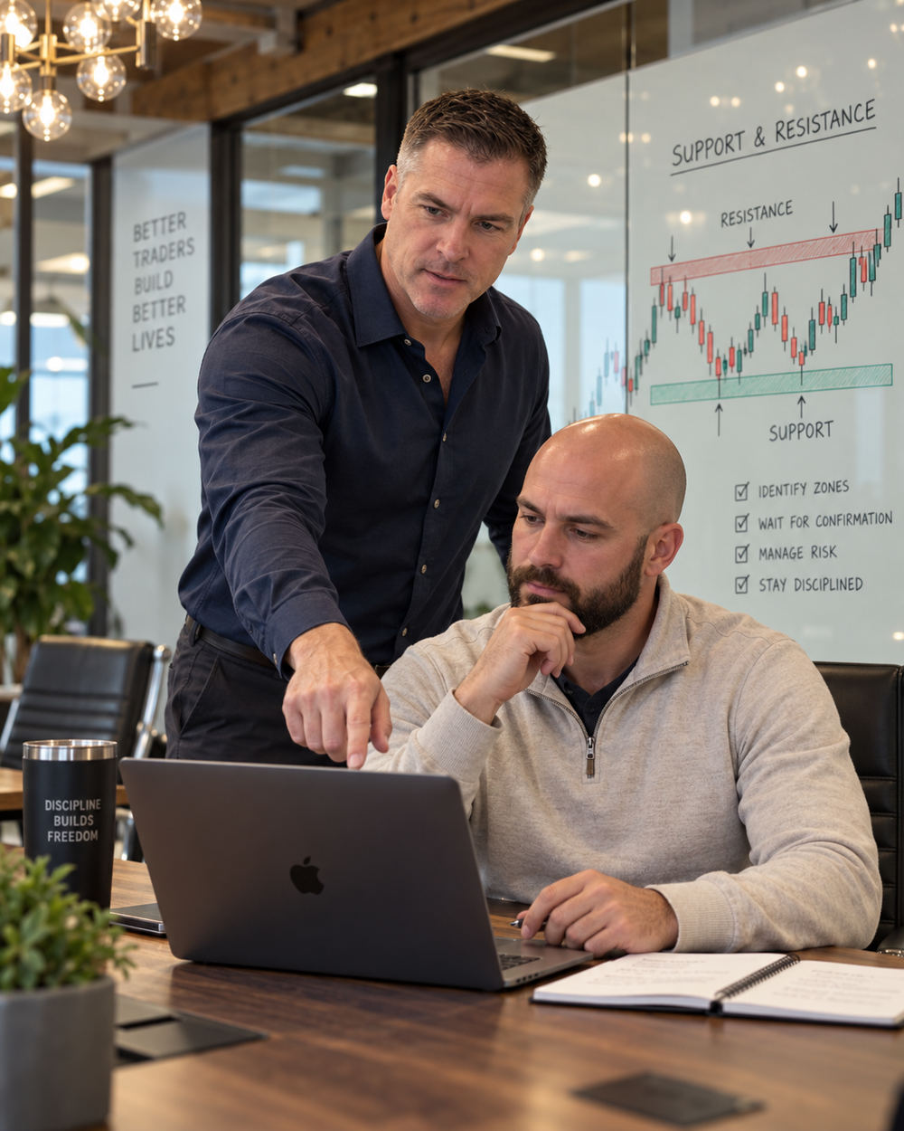 Instructor providing individual guidance on a student’s trading charts